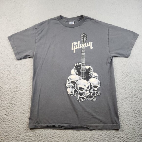 Aaa Other - Y2K Gibson Guitar Shirt Men's Large Gray Skull Skeleton Grunge Short Sleeve Rock